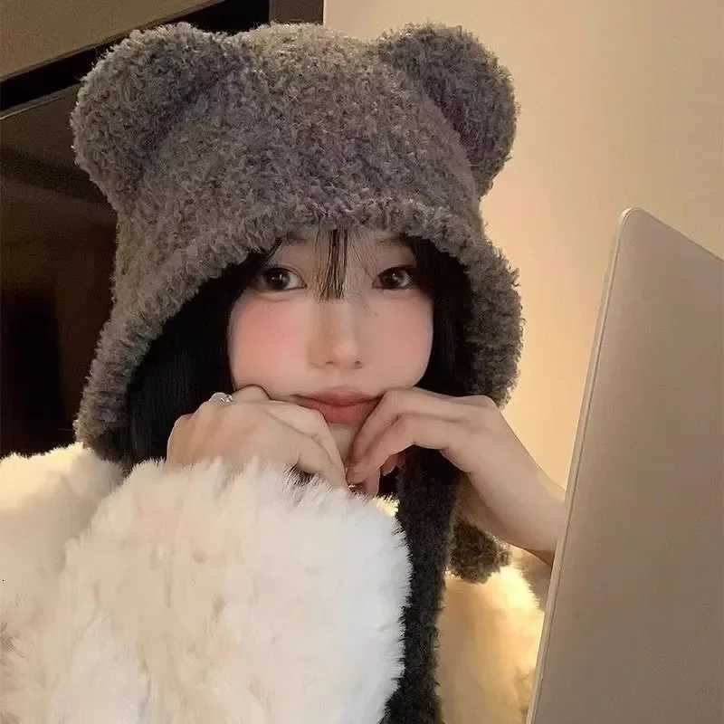 Plush Bear Ear Wool Hat Cold Proof Thick Beanie Warm Woolen Bonnet Soft Knitting Cs Winter Outdoor Shopping Knitted Str HatsXJ250910