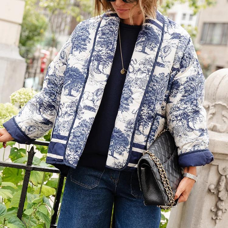 Women's Retro Print Contrast Jacket Coat Lapel Long Sleeve Double Pocket Casual Cardigan Fall Winter Female Chic Overcoat