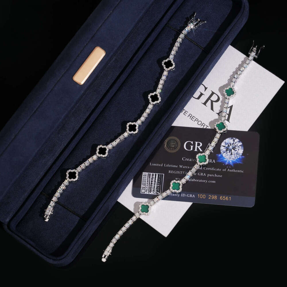 Fashion Style 3mm Iced Out Hip Hop Jewelry S Sier VVS1 Moissanite Dia Four Clover Leaf Cluster Tennis Bracelet
