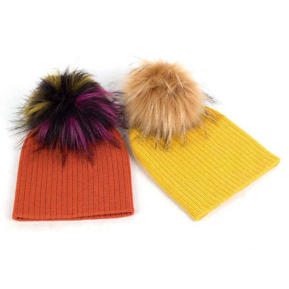 Geebro Fashion child baby Solid Color Ribbed Beanies hats With Faux fur pompom New Girls Boys Kids Soft Cute skully hatsXJ250910