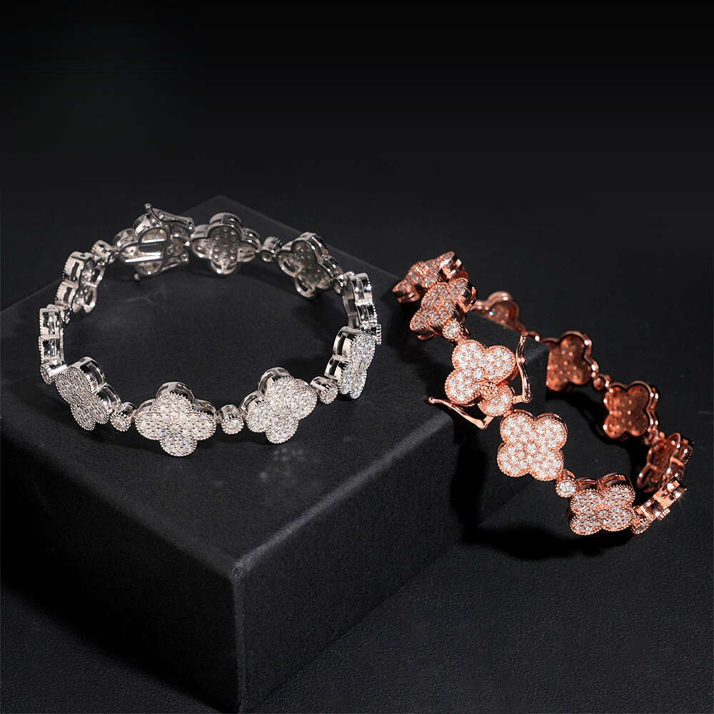 Exquisite Sier Inlaid VVS Mosang Full Niche Bracelet 15mm Trendy Fencke Four-leaf Clover Moissanite for Foreign Trade