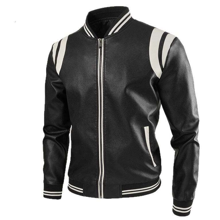 European Size S-XXXL Men's Leather Jacket Casual Fashion Patchwork Leather Jacket Motorcycle Baseball Collar Coat for Men 42