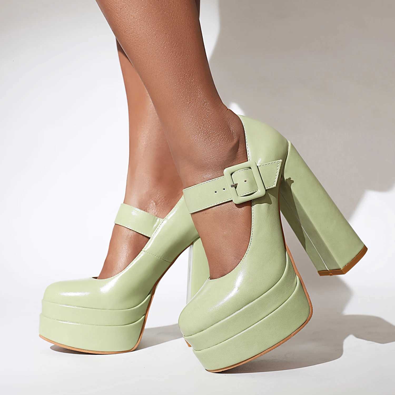 2024 Round Toe Super High Thick Heel Square Button Shallow Pumps ThreeLayer Super High Platform Breathable HighHeeled Shoes W250910