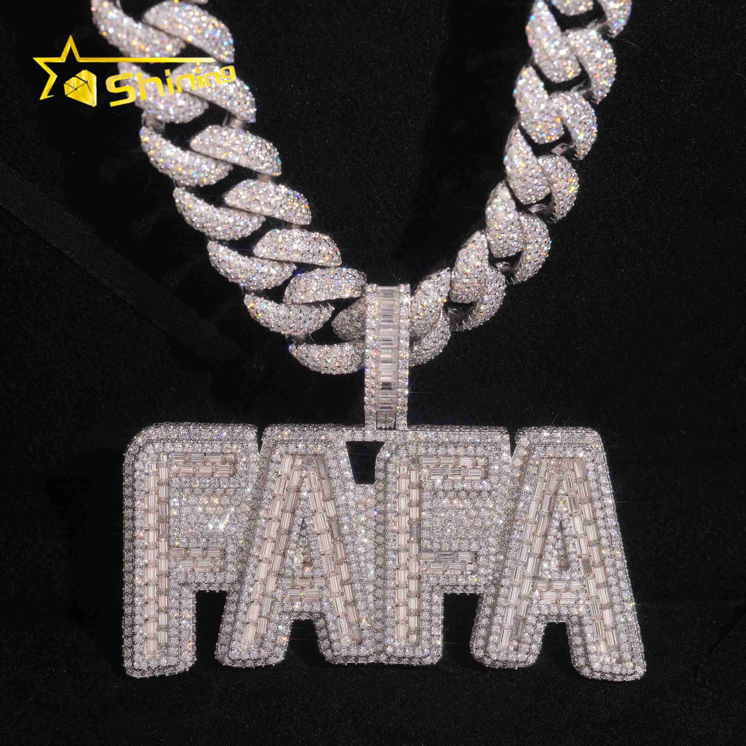 35Inch Width Iced Out Jewelry Moissanite Baguette Cut Letter Initial Pendant 925 Silver Moissanite Diamond Pendant