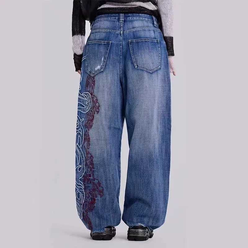 American Fashion Trend New Old Pattern Embroidery Baggy Jeans Women Y2K Gothic Harajuku Casual High Waist Wide Leg Trousers Z250910