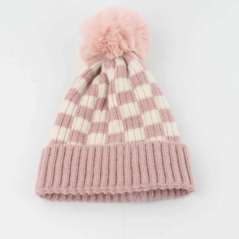 New Kids Winter Plaid Knitted Hat For Boys Girls Faux Fur Pompom Beanie Crochet Warm Baby CXJ250910