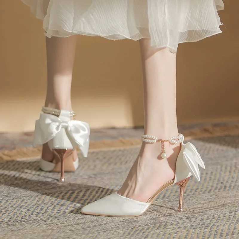2024 Autumn New Womens High Heels Bow pointed thin heeled footwear Fairy style pearl single shoes Fashion elegant ladies pumps W250910