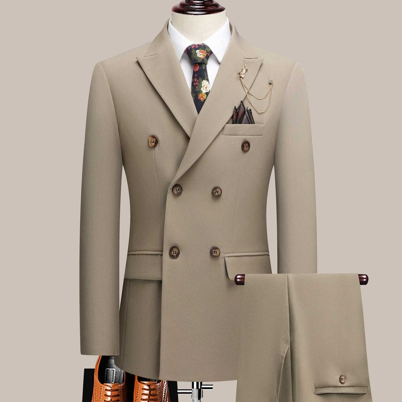The latest mens solid color suit twopiece set with lapel collar and double breasted buttons for four seasons mens business s W250910