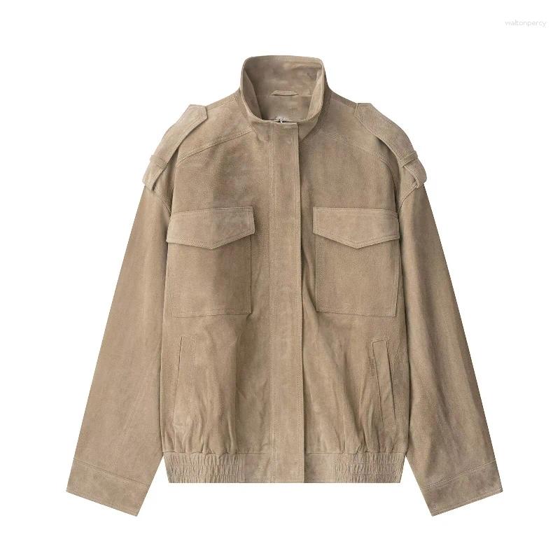 Women's Jackets Standing Collar Casual Leather Suede Texture Coats Zipper Pockets Fold Tops High Street Autumn Lady Clothes