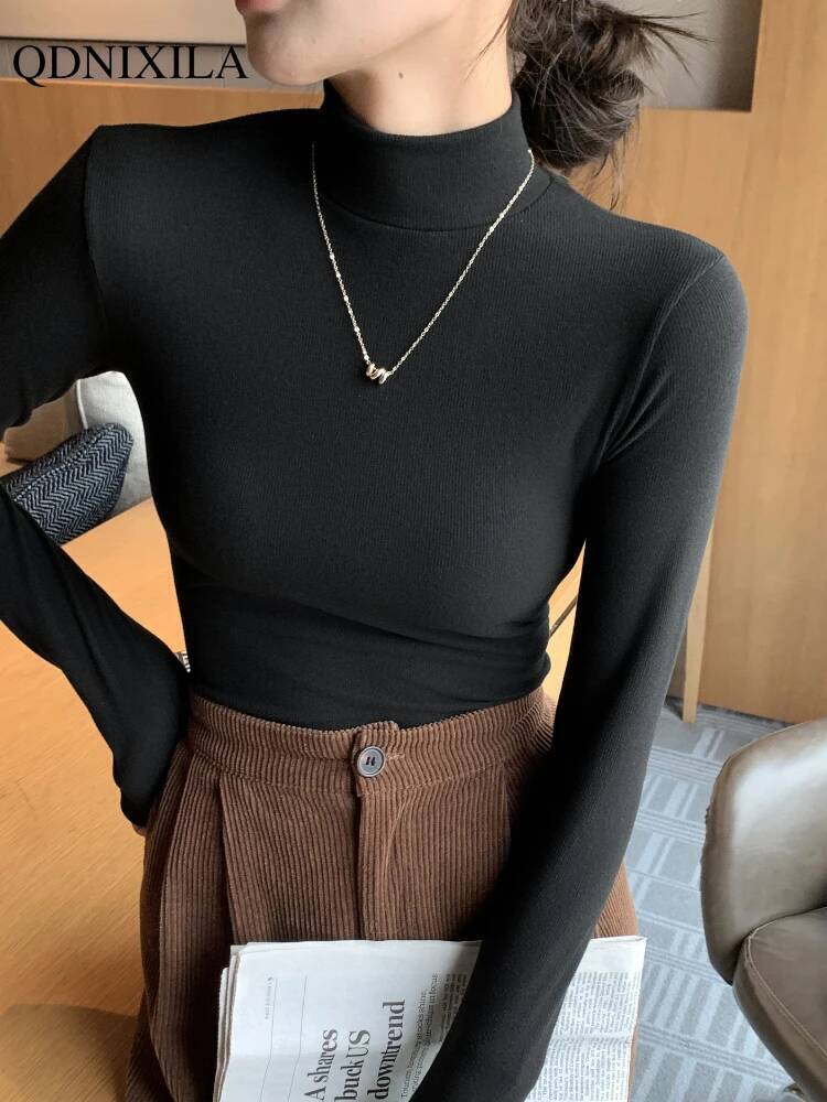 Women's Knitted Half-Turtleneck Pullover Sweater Elegant Korean Fashion Long-Sleeve Top Slim Fit Thermal Jumper Casual Knitwear dongdumaoyi