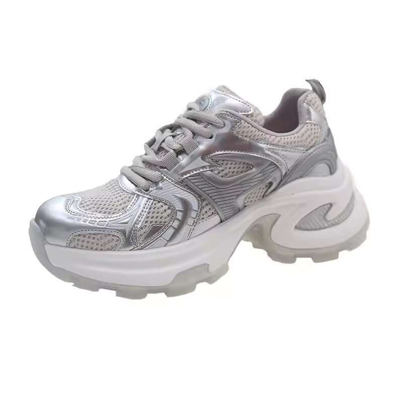 Silver Thick-Soled Dad Sneakers for Women 2025 Summer New Mesh Breathable Versatile Casual Height-Increasing Sports Shoes