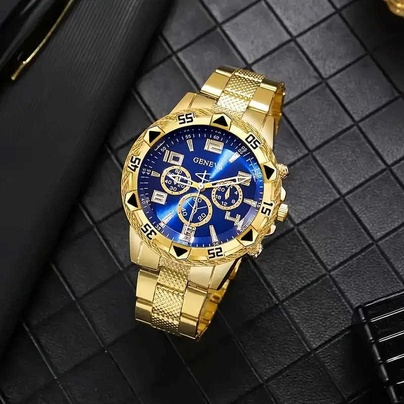 Blue light iride-colored glass men's watch, steel band quartz watch, digital engraving vacation three-eye watch W250704