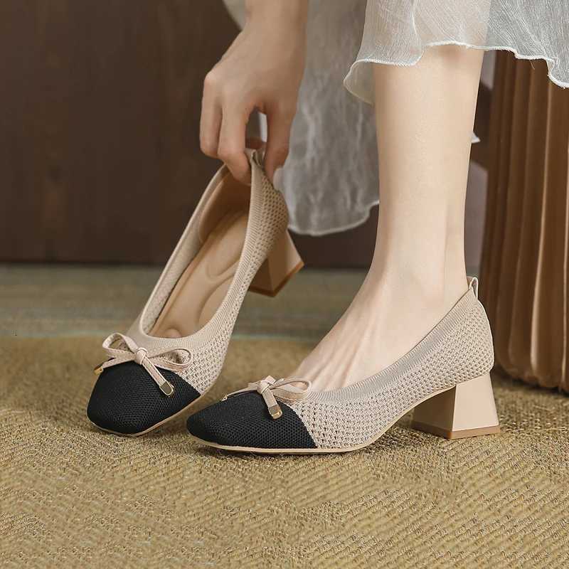 Womens shoes breathable hollow knit fashionable and beautiful bow tie beaded high heels for spring and autumn 20235cm high W250910