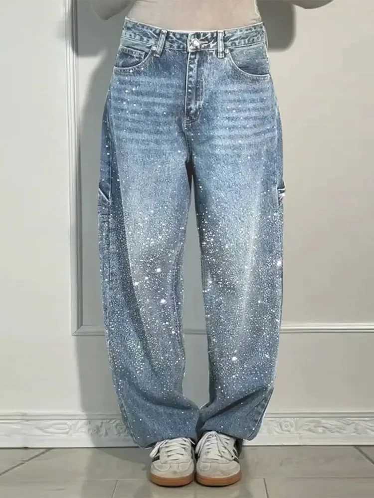 Shiny Rhinestone Baggy Womens Wide Leg Jeans Full Wide Leg Dragging Denim Pants Vintage Washed Pants Casual Trousers Z250910