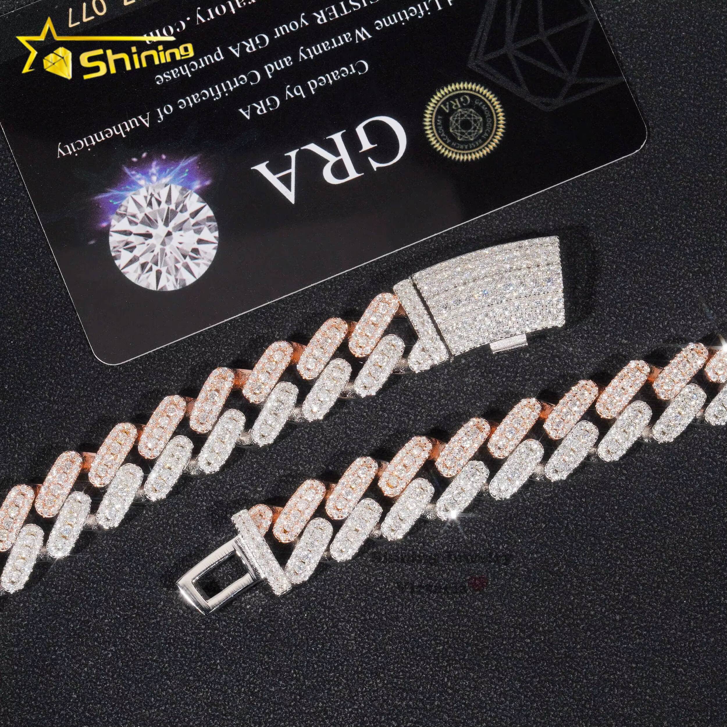 Wholesale Price 15mm White Mix Rose Gold 925 Cuban Link Chain Two Tone Hip Hop Jewelry Iced Out Moissanite Cuban Chain Necklace