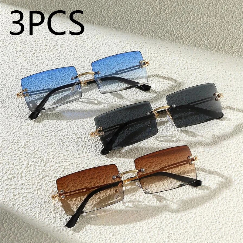3pcs Mens Frameless Rectangle Sunglasses Classic Fashion Eyewear For Daily Life And Outdoor Travel Beach250909