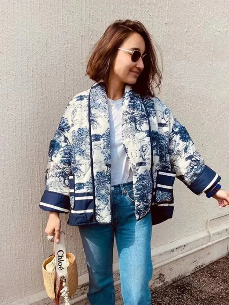 Women's Retro Print Contrast Jacket Coat Lapel Long Sleeve Double Pocket Casual Cardigan Fall Winter Female Chic Overcoat