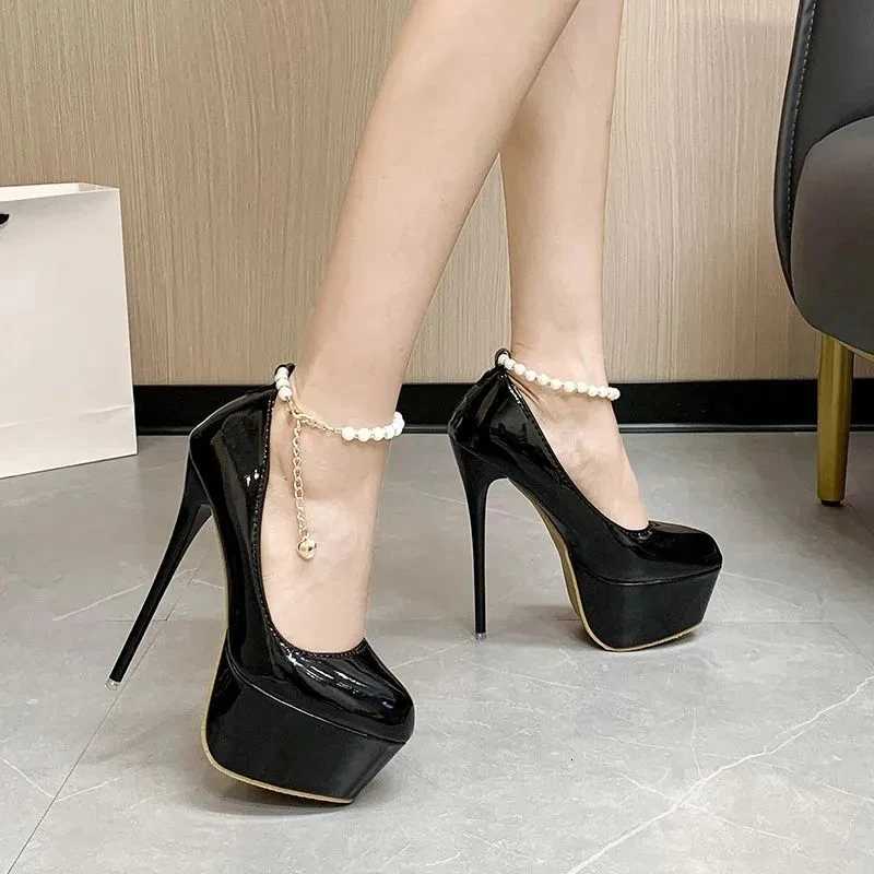 Aphixta Pearl Chain Party Disco Dance Pumps Women 55cm Platform Belt Pimp Buckle 16cm Super High Thin Heels Shoes Big Size 50 W250910