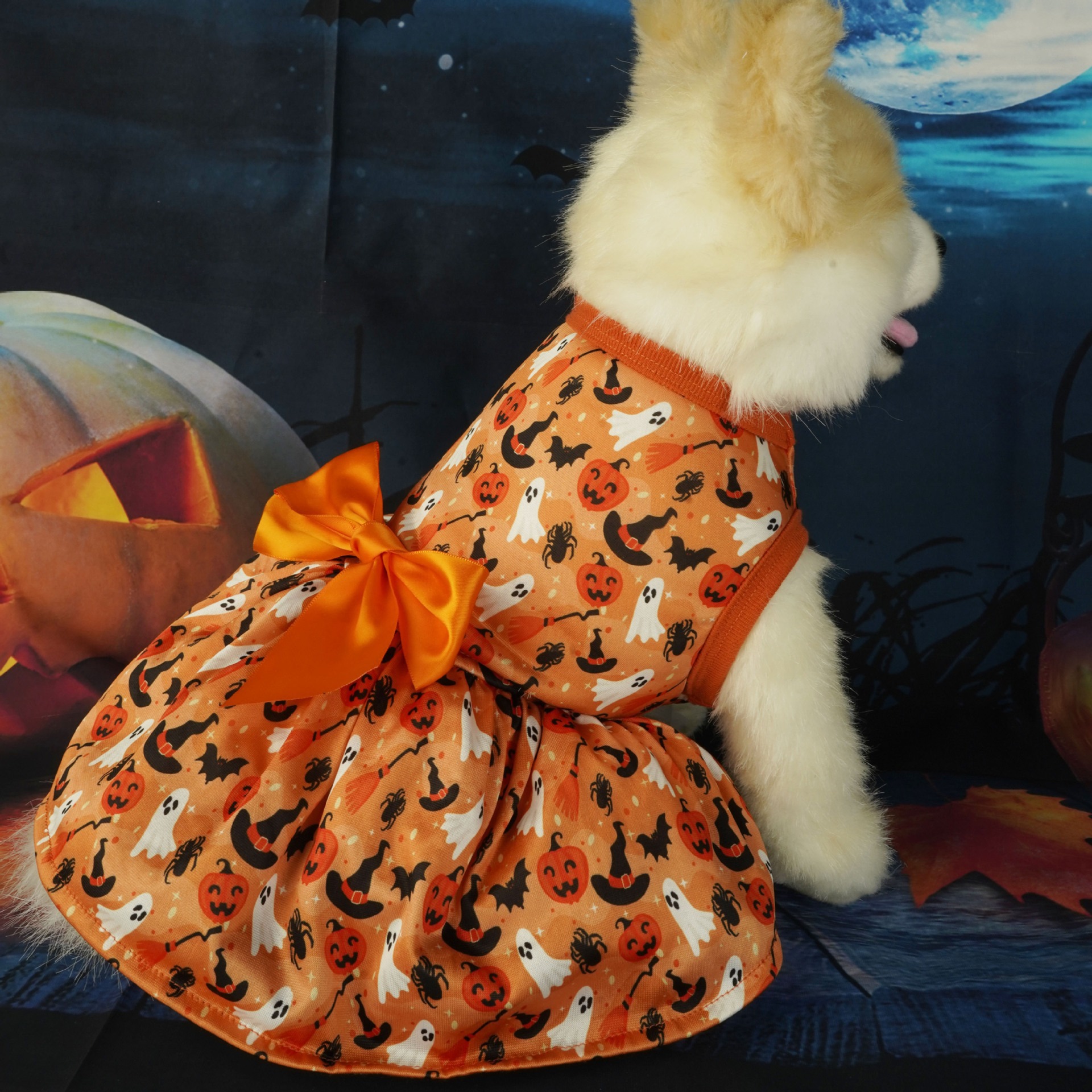 Halloween Dog Dress, Cotton Pet Apparel with Pumpkin Ghost Bat Spider Print & Big Orange Bowknot, for Dogs 2-14kg, Perfect for Halloween Parties, Tric