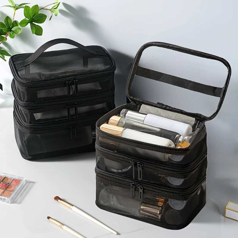 3Layer Mesh Cosmetic Bags Large Capacity Foldable Travel Organizer Bag for Toiletries Cosmetics Makeup Case BagXJ250910