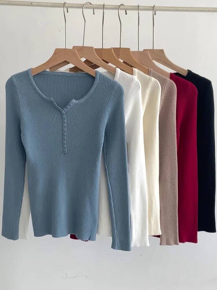 2025 Autumn Winter Button V Neck Sweater Basic Slim Pullover Women Sweaters And Pullovers Knit Jumper Soft Warm Tops dongdumaoyi