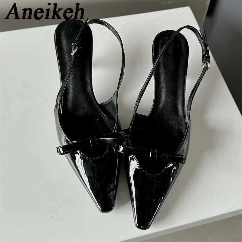 Aneikeh 2025 SummerDesigner Bowknot Buckle Strap Pumps Women Sexy Pointed Toe Thin Heels Wedding Banquet Dress Mule Ladies Shoes W250910