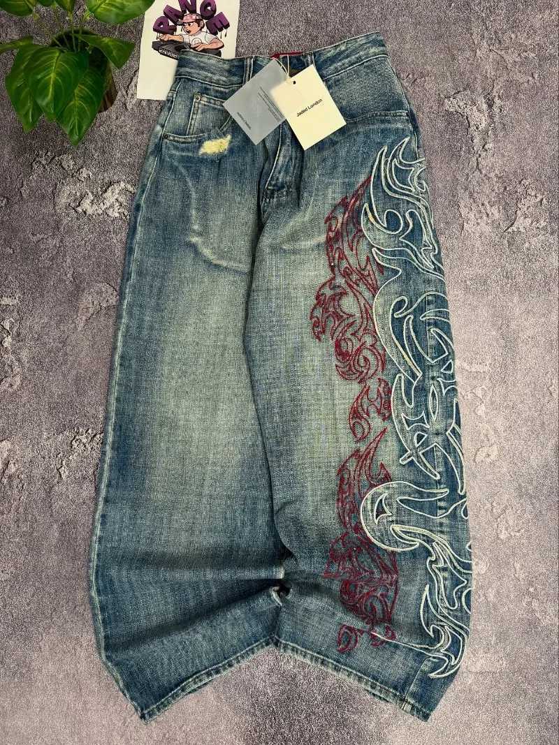 2025 American New Vintage Pop Pattern Embroidered Loose Jeans Women Y2K Fashion Gothic Straight Casual High Waist Wide Leg Pants Z250910