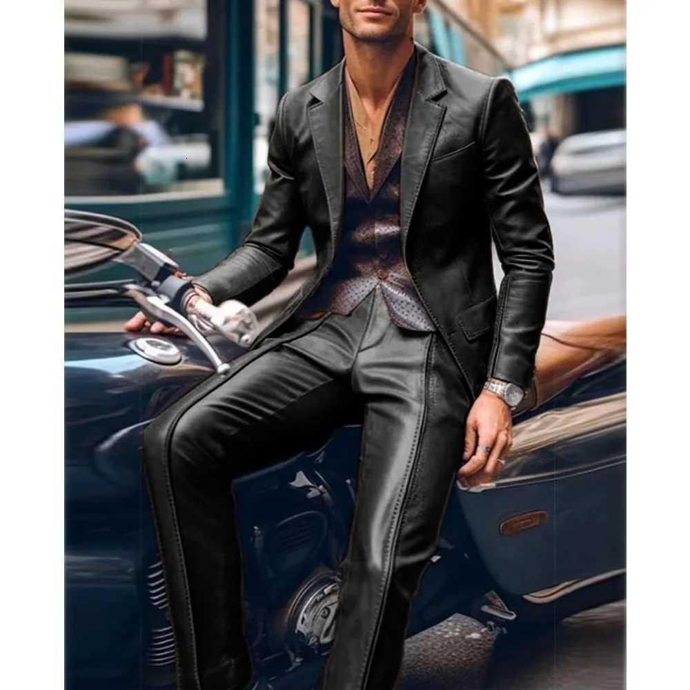 Casual Mens Blazer and Pants 2 Piece Set Lapel Long Sleeve PU Leather Jacket Men Business Casual Prom Suit Motorcycle Style W250910