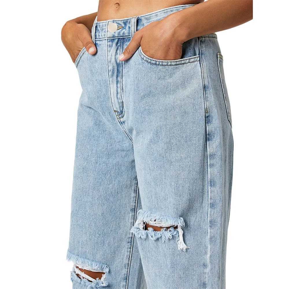 Straight Pants Women Streetwear Hole Jeans High Waist Ripped Washed Pockets 2025 Vintage Basics Ankle Length Trousers Denims Z250910