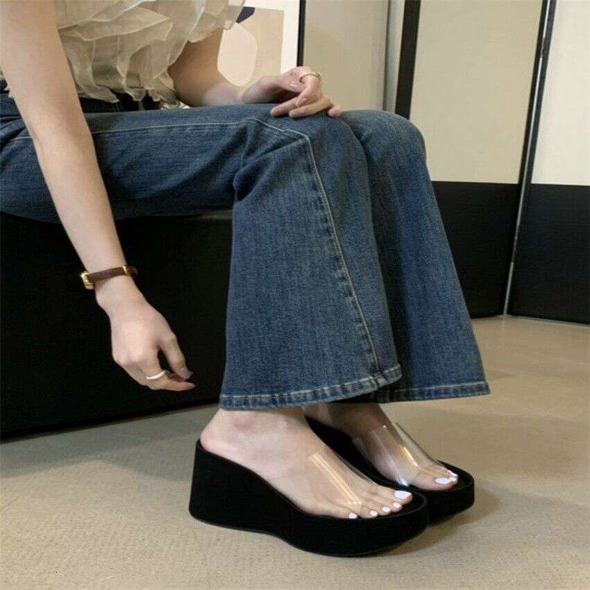 Trendy Designer Shoe Transpnt Wedge Sandals for Women 2025 Summer Small Size Thick Sole Slimming Fairy Style Slip-On Slides