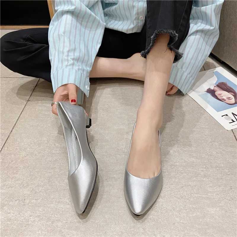 Spring Low Heel Shoes for Women Pu Leather Solid Color Silver Shoes Gold Lowheels 30cm Size 3541 Pointed Toe Comfortable W250910