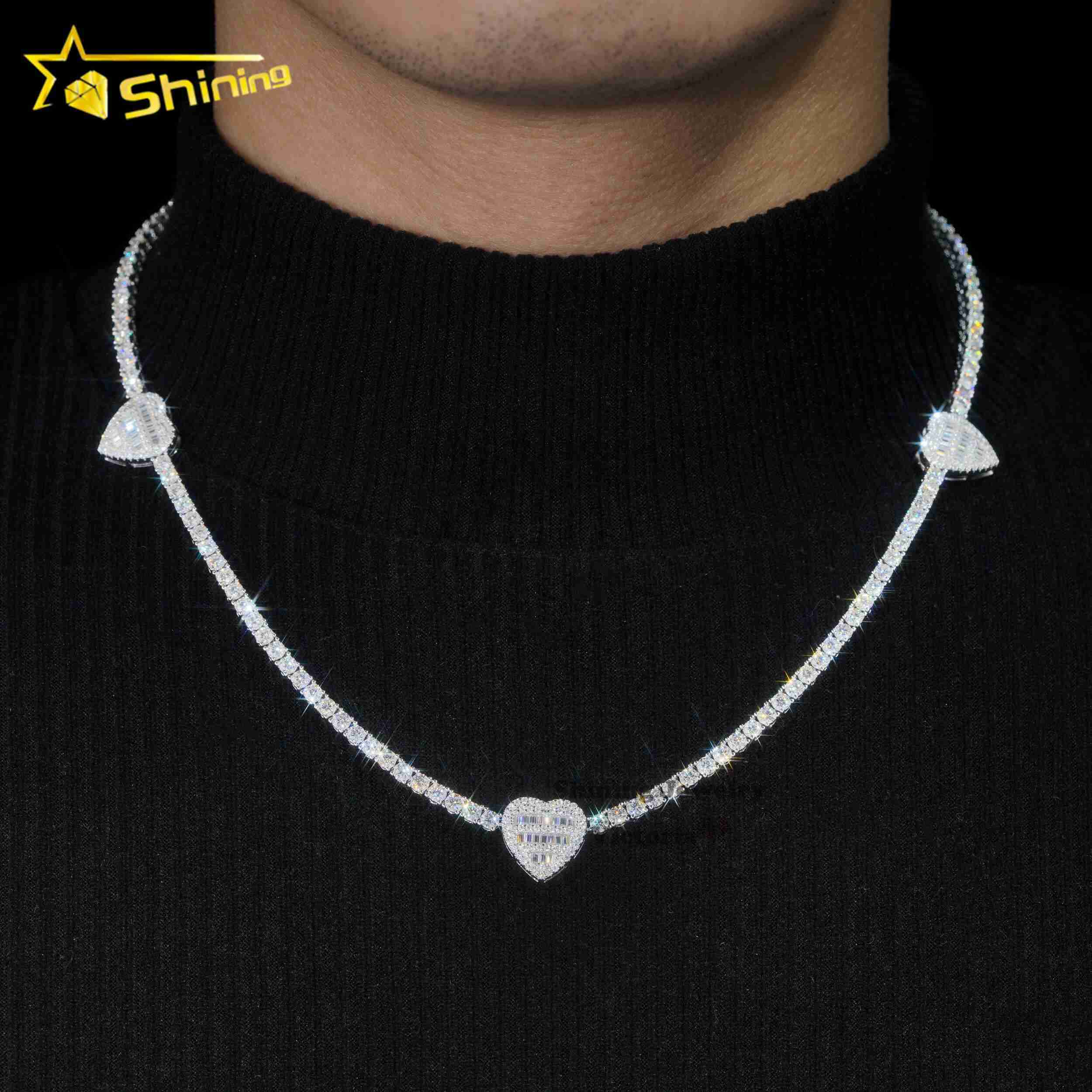 Fine Jewelry 3mm White Gold Plated 925 Sterling Silver Moissanite Diamond Iced Out Baguette Heart Shape Tennis Chain Necklace