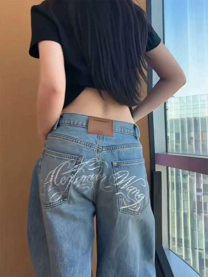 Y2K American Retro Heavy Letter Jeans Women New Street Hiphop Spice Slim Relaxed Leisure Design Commuter Machete Mop Pants Z250910