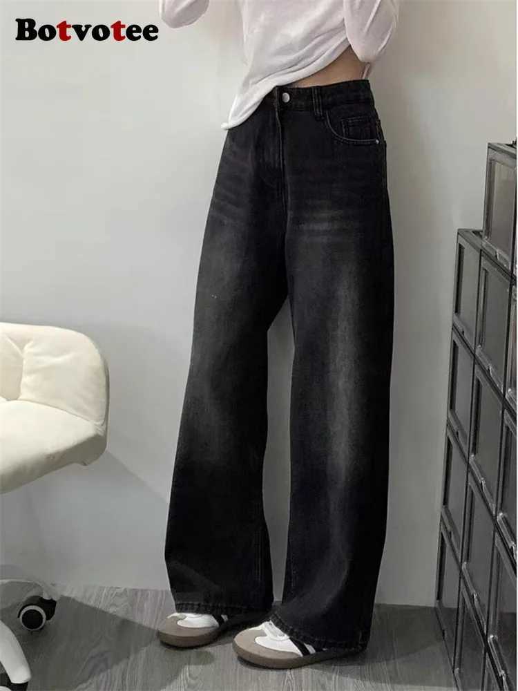 Botvotee Womens American Wide Leg Jeans High Waist Black Gray Denim Pants Straight Leg Oversized 90s Long Trousers Z250910