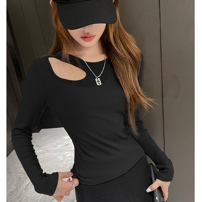 2025 early autumn new regular shoulder long sleeved women's basic design shirt for wearing inside and outside, sexy hollow out high-end slim fit 