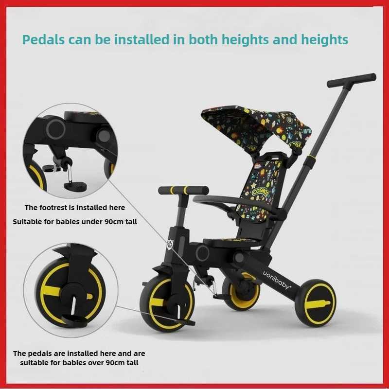Childrens Push Tricycle Baby Pedal Tricycle with Canopy Rideable and Swivel Foldable Baby Stroller W250910