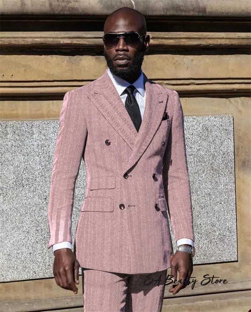 Herringbone Suits for Men Wide Lapel Suit 2 pcs Suit Jacket Pants Groom Business Wedding Wear Pink fashionable men suit outfit W250910