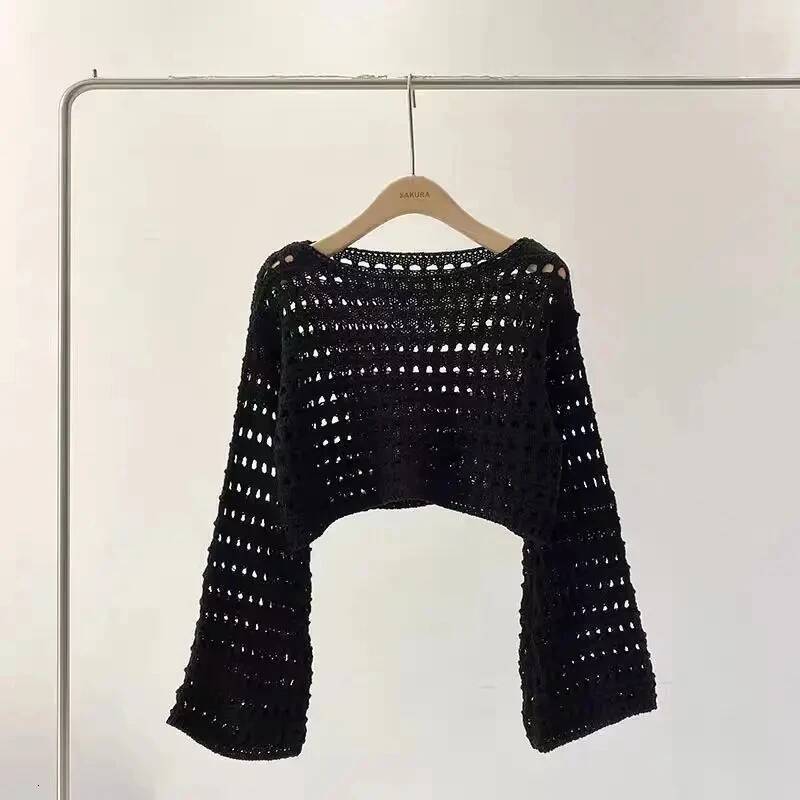 Fishnet Crochet Top Long Sleeve Crop Pullover Women Summer Cover Up Open-knit Blouse Y2K Grunge Outfit dongdumaoyi