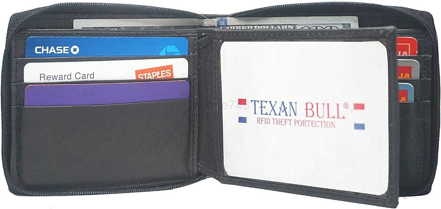 Mens Leather Zipper wallet Zip Around Wallet Bifold Multi Card Holder BlackZ250910