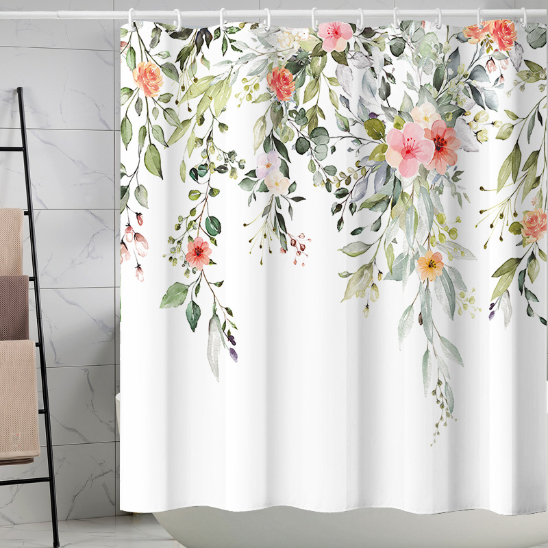 YL-37139 digital shower curtain cross-border plant flower waterproof polyester bathroom four-piece set dry and wet separation moisture-proof