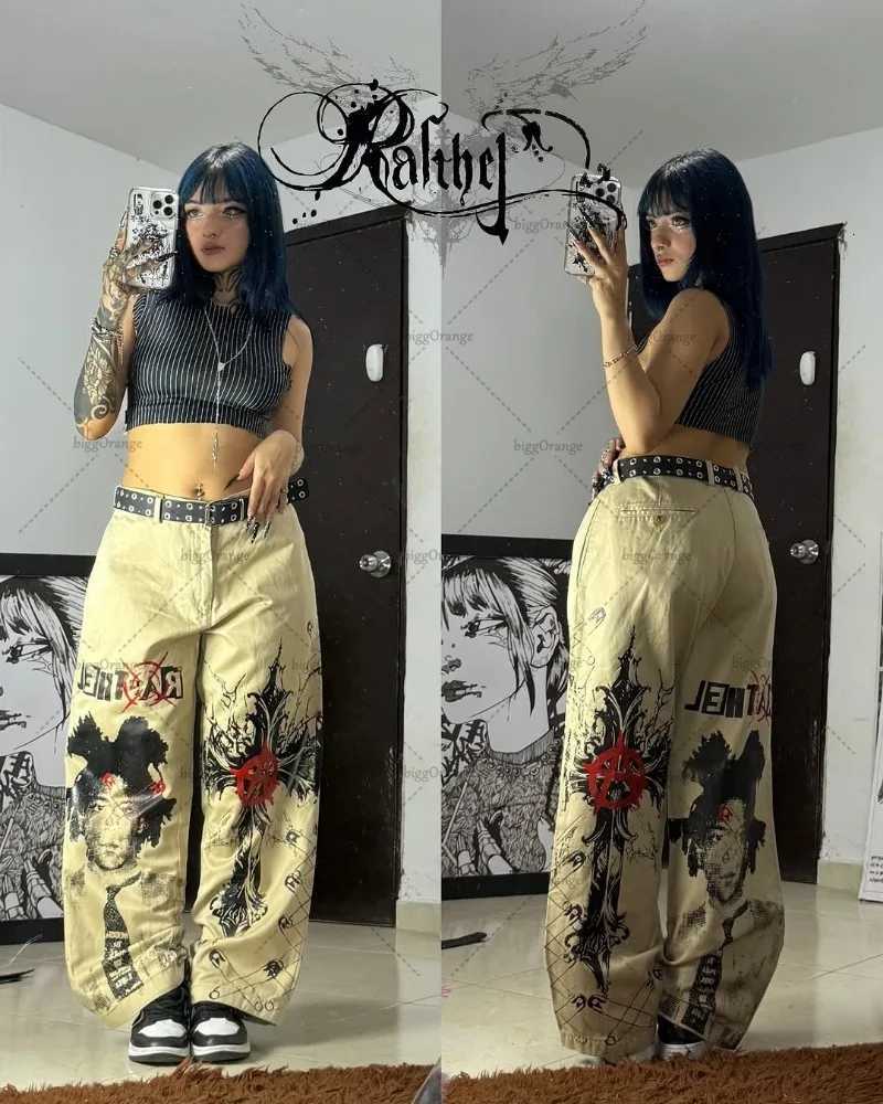 Harajuku Y2K Streetwear Trousers Women Vintage Retro Rock Baggy Jeans Gothic Punk Cross Print Straight Pants High Waisted Jeans Z250910