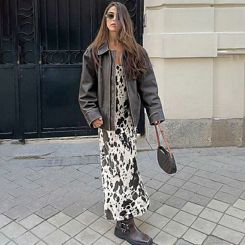 French Style Sexy Spaghetti Strap Printed Autumn Winter New High Waist A-Line Dress For Women B3