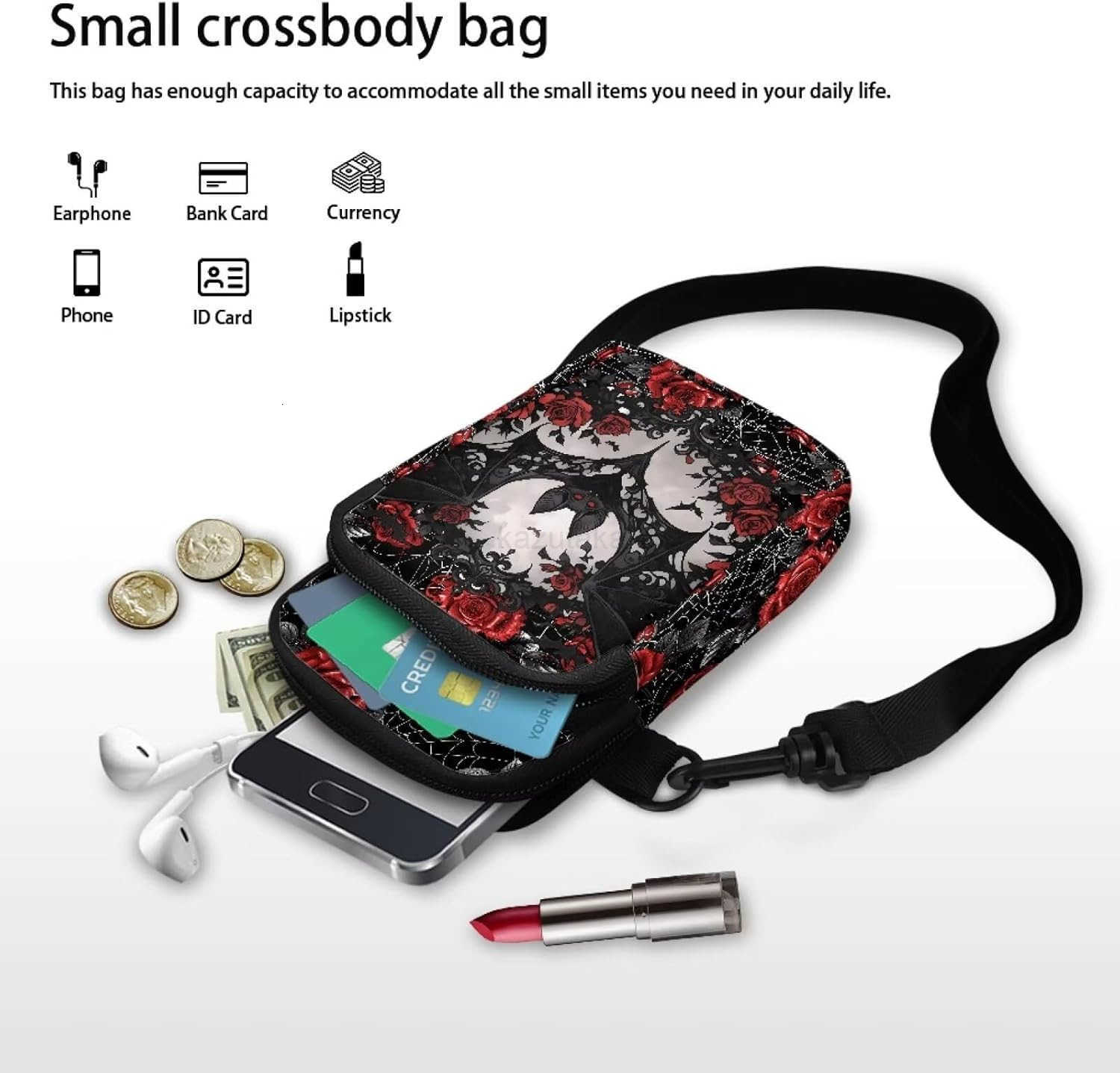 Small Crossbody Bag for Women Lightweight Cell Phone Purse Bloody Rose Shoulder Wallet with Zipper Pocket Z250910