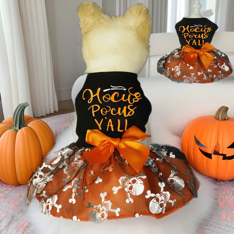 Halloween Dog Dress with Hocus Pocus Y'all Print, Silver Skeleton Skull Pattern Tutu Skirt & Big Orange Bowknot, Perfect for Halloween Parties, T