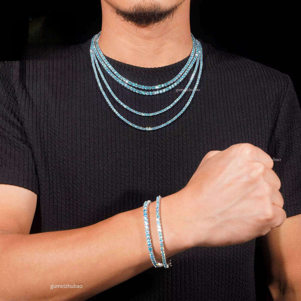 Ice crystal senior designer style Hip-Hop Tennis Chain Jewelry 3mm 4mm Aquamarine Blue Chrysolite Necklace