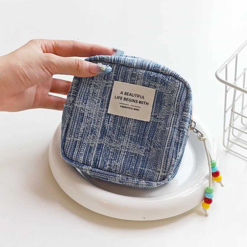 Korean Style Small Portable Square Makeup Bag for Students Earphones Lipstick Storage Pouch Casual Denim Fabric Travel EssentialXJ250910