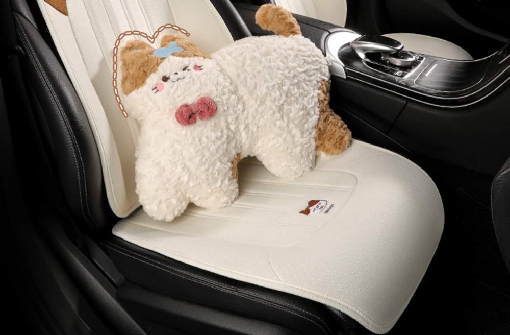 Car Seat Cushion All Seasons Universal for Women Cute Summer Breathable Cotton Linen Cool Cushion Half Pack Rear Row Cartoon Kitten Seat Cover 250910