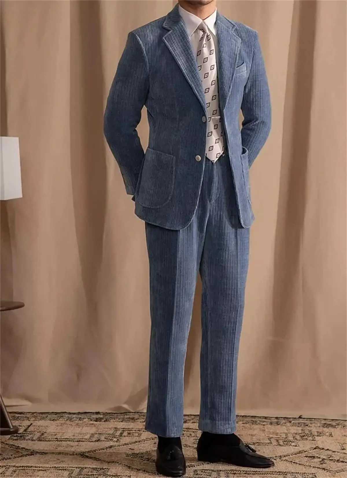 Corduroy Mens Suit Set Blue Suit Jacket Suit pants Mens autumn Blazers Business suit set W250910