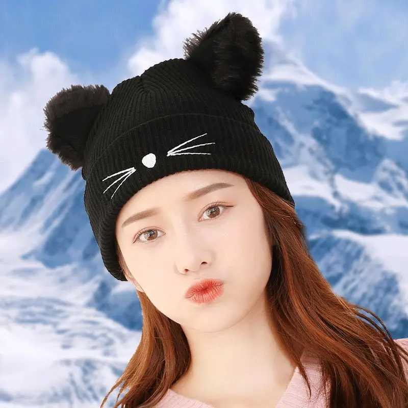 Janese Style Knitted Hat with Cat Ears and Smile Embroidery Warm Fleece Lined Beanie for Women Winter Ear ProtectionXJ250910