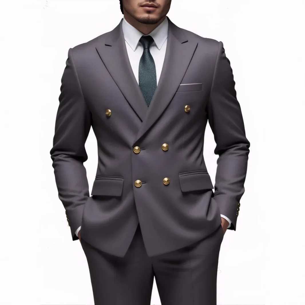 Men Double Breasted Suit Black Slim Fit High Quality Wedding Costume Party Prom Gold Button Male Suits W250910